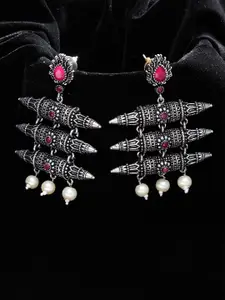 PANASH Pink Silver-Plated Oxidized Contemporary Drop Earrings