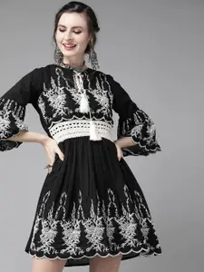 Ishin Women Black Pure Cotton Embroidered A-Line Dress