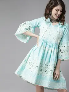 Ishin Women Blue Pure Cotton Embroidered A-Line Dress