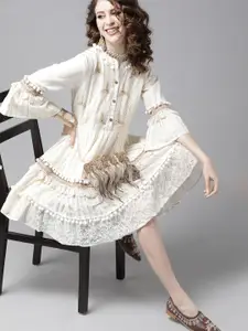 Ishin Off-White Pure Cotton Striped A-Line Dress