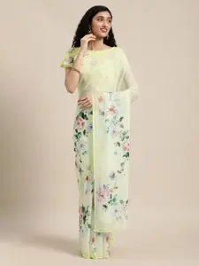 Shaily Green & Pink Floral Printed Georgette Sequinned Saree