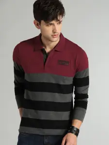 Roadster Men Charcoal Grey & Maroon Striped Polo T-shirt