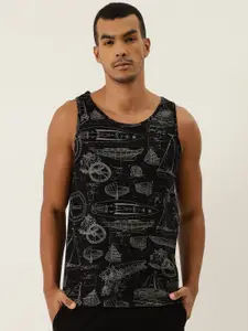 Rodzen Men Black & Grey Pure Cotton Printed Round Neck Slim Fit T-shirt