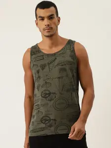 Rodzen Men Olive Green & Black Pure Cotton Printed Round Neck Slim Fit T-shirt