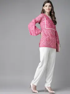 Bhama Couture Pink & White Leheriya Print Bell Sleeves Regular Top