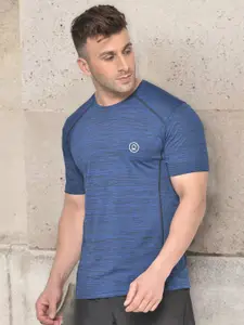 CHKOKKO Men Blue Self Design Round Neck Dry Fit Gym T-shirt