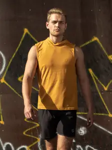 CHKOKKO Men Mustard Yellow Solid Hood Dry Fit Gym T-shirt