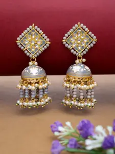 Golden Peacock Grey & Gold-Toned Stone-Studded & Beaded Enamelled Dome Shaped Jhumkas