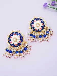 Golden Peacock Blue & Gold-Toned Stone-Studded & Beaded Enamelled Circular Drop Earrings