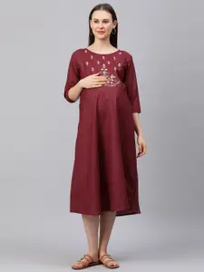 MomToBe Maroon Floral Embroidered Maternity Sustainable Dress