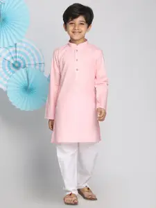 VASTRAMAY Boys Pink & White Solid Kurta with Pyjamas