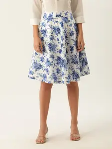ZOELLA Women White & Blue Printed A-Line Knee-Length Skirt