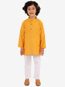 Superminis Boys Yellow Embroidered Angrakha Pure Cotton Kurta with Pyjamas
