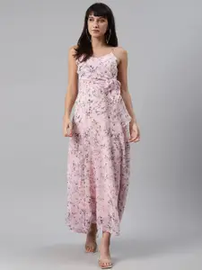 Trend Arrest Women Pink & Blue Romantic Floral Print Wrap Maxi Dress