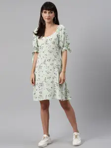 Trend Arrest Women Sea Green & Blue Romantic Floral Print Knee Length Dress