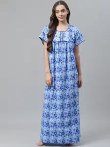 Vemante Blue & White Floral Printed Pure Cotton Maxi Nightdress