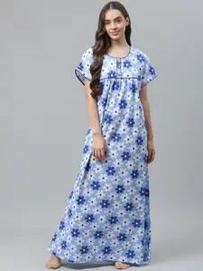 Vemante Blue & White Cotton Floral Print Maxi Nightdress