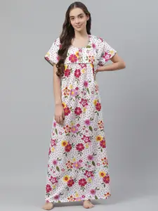 Vemante White & Pink Floral Printed Pure Cotton Maxi Nightdress