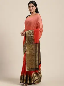 Shaily Coral Red & Gold-Toned Silk Blend Ombre Dyed Saree