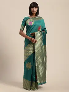 Saree mall Teal Silk Blend Woven Design Banarasi Saree