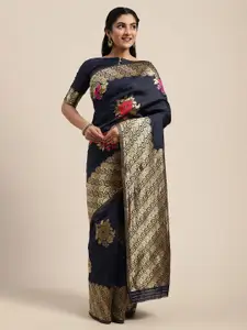 Saree mall Navy Blue Silk Blend Woven Design Banarasi Saree