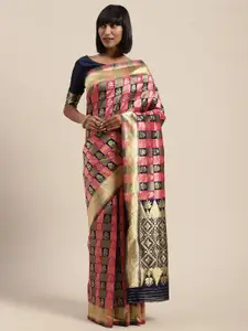 Saree mall Navy Blue & Gold-Toned Checked Banarasi Saree