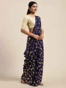 Saree mall Navy Blue & Gold-Toned Pure Georgette Printed Saree