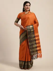 Saree mall Orange & Black Silk Blend Solid Block Print Saree