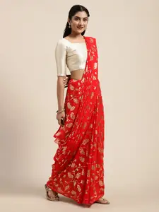 Saree mall Red & Gold-Toned Pure Georgette Printed Saree