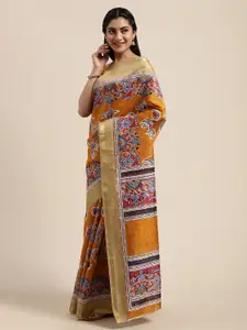 Saree mall Mustard & White Art Silk Kalamkari Ethnic Printed Bagru Saree