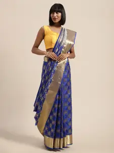 Mitera Blue & Gold-Toned Art Silk Woven Design Kanjeevaram Saree
