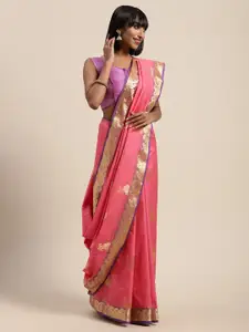 Mitera Pink & Gold-Toned Art Silk Woven Design Kanjeevaram Saree