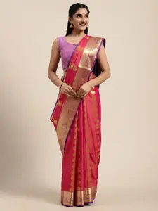 Mitera Pink & Gold-Toned Woven Design Kanjeevaram Saree