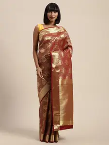 Mitera Maroon & Gold-Toned Art Silk Woven Design Kanjeevaram Saree