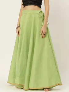 Studio Shringaar Women Green Solid Full Flare Double Ghera Lehenga Skirt