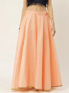 Studio Shringaar Women Peach-Coloured Solid Full Flare Double Ghera Lehenga Skirt