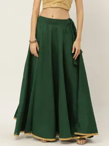 Studio Shringaar Women Green Solid Full Flare Double Ghera Lehenga Skirt