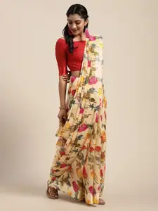Saree mall Cream-Coloured & Red Linen Blend Floral Printed Saree