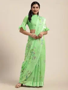 Saree mall Green & Lavender Linen Blend Floral Printed Saree