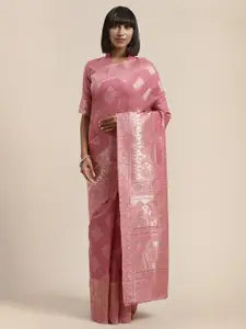 Saree mall Pink & Silver-Toned Linen Blend Woven Design Banarasi Saree
