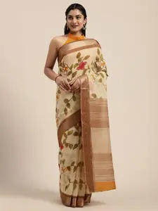 Saree mall Beige & Green Linen Blend Floral Printed Saree