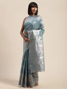 Saree mall Blue & Silver-Toned Linen Blend Woven Design Banarasi Saree