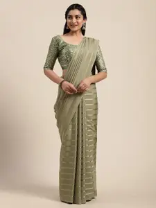 Saree mall Olive Green Satin Striped Saree