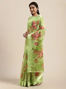 Saree mall Green & Pink Linen Blend Printed Saree