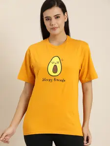 QUARANTINE Women Mustard Yellow Typography Printed Oversized Lounge T-shirt