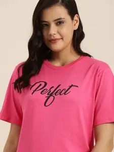 QUARANTINE Women Pink Typography Printed Oversized Lounge T-shirt