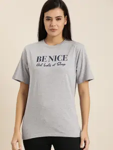 QUARANTINE Women Grey Melange Typography Printed Oversized Lounge T-shirt