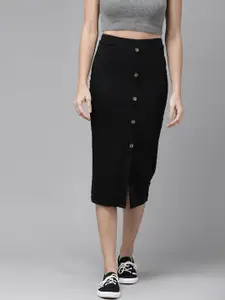 Roadster Black Ribbed Pencil Midi Skirt