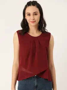 Belle Fille Maroon Solid Pleated A-Line Top with Overlapping Detail