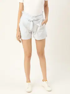 Belle Fille Women White & Blue Striped Regular Fit Seersucker Paperbag Shorts with Belt